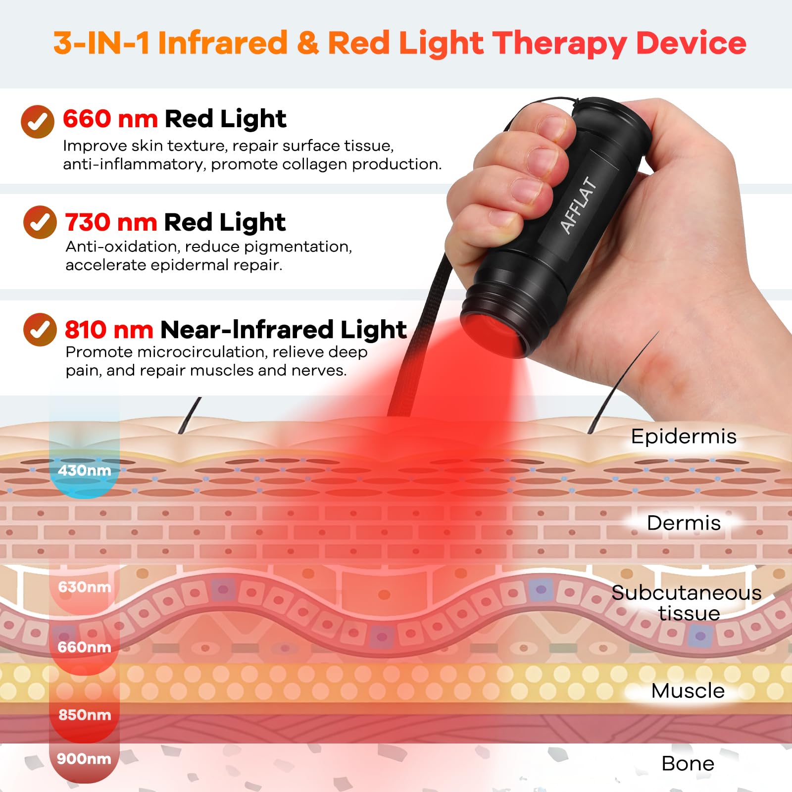 AFFLAT Red Light Therapy Flashlight handheld grip emphasizes convenient daily wellness sessions