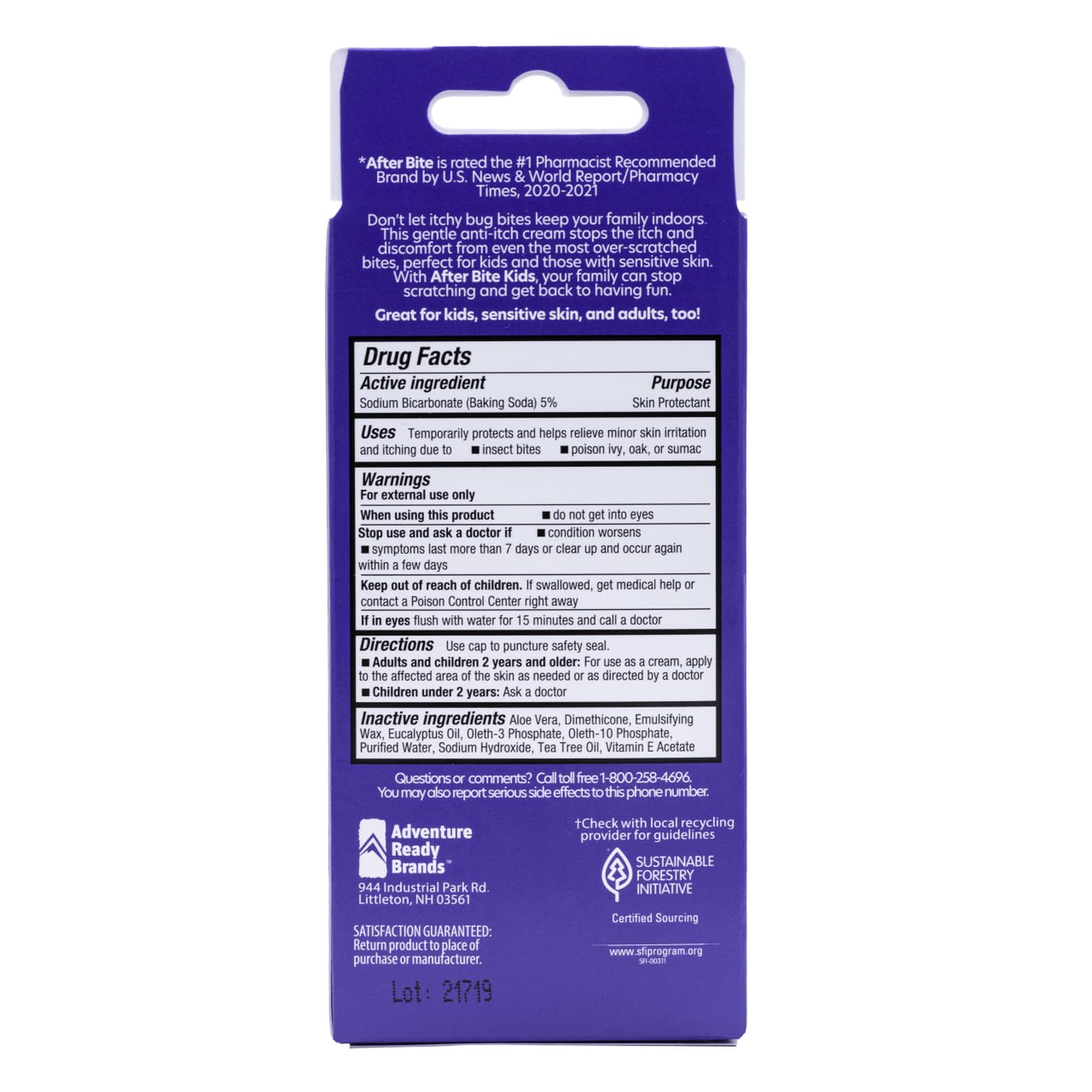 After Bite Kids outer box packaging communicates pharmacist-backed relief.