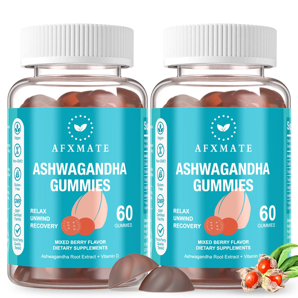 AFXMATE Ashwagandha Gummies bottle with berry flavor for daily energy.