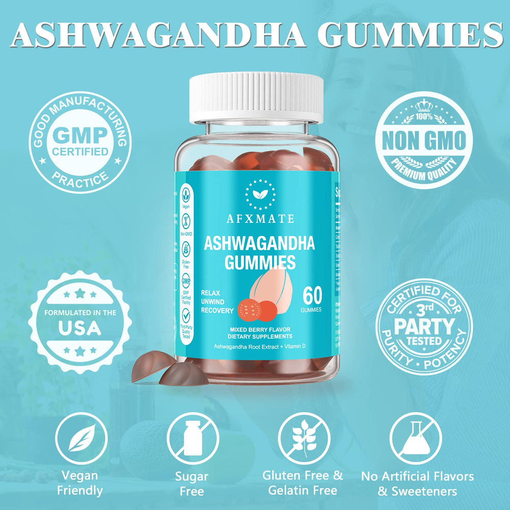 AFXMATE Ashwagandha Gummies produced in a GMP facility for quality assurance.