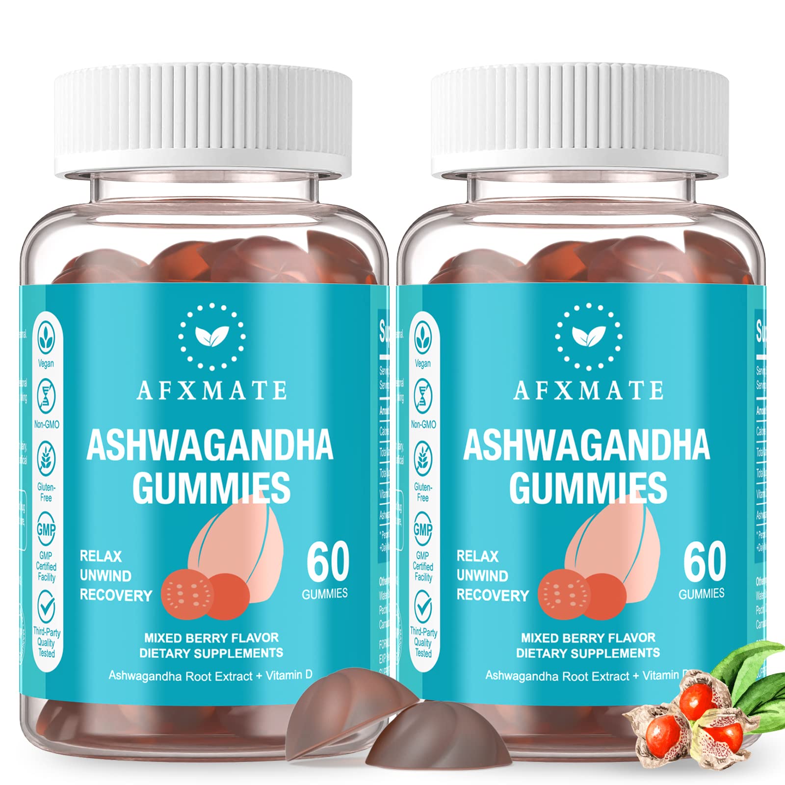 AFXMATE Ashwagandha Gummies nutrition label shows 300 mg per gummy for daily support.