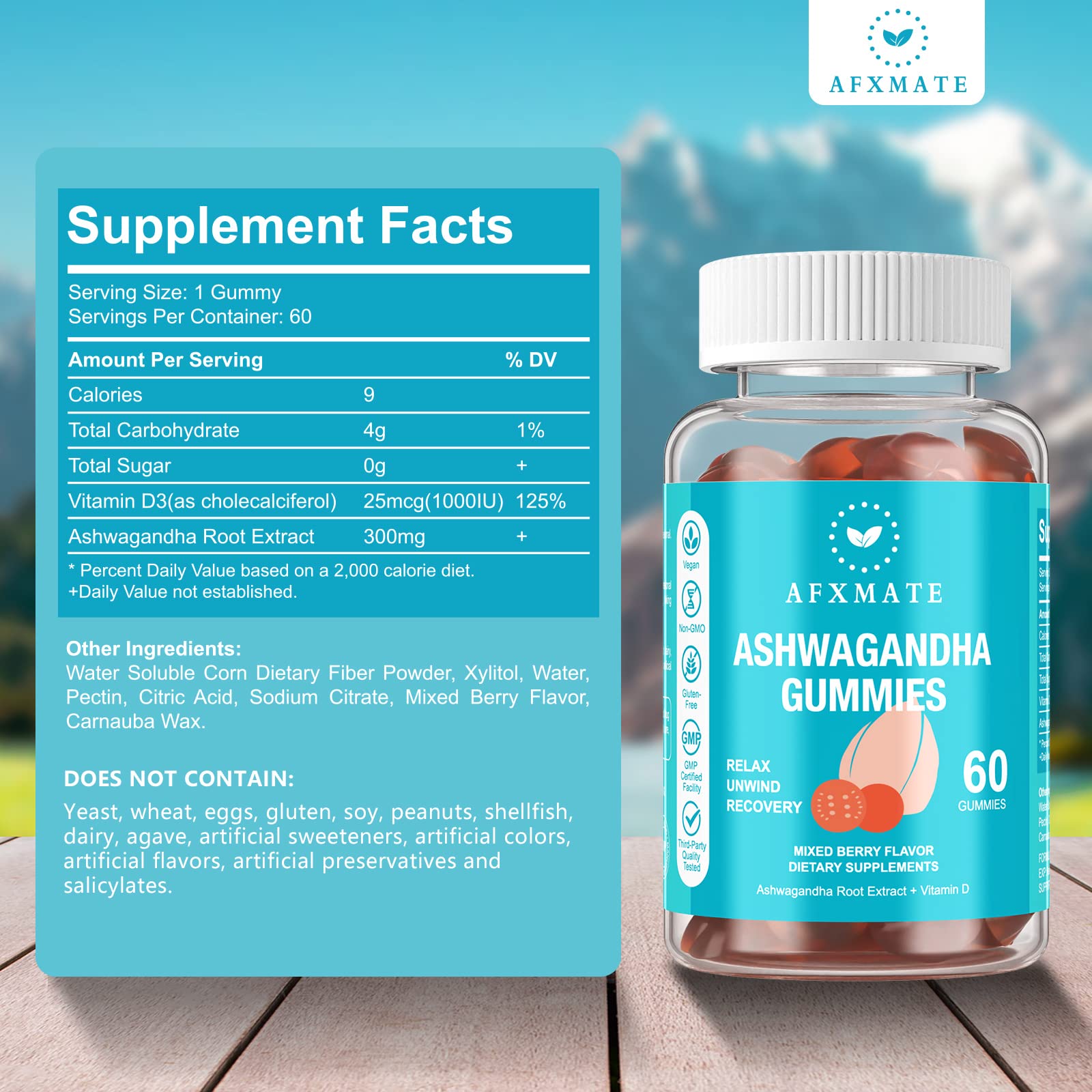AFXMATE Ashwagandha Gummies packaging box displaying non-GMO and sugar-free formula.