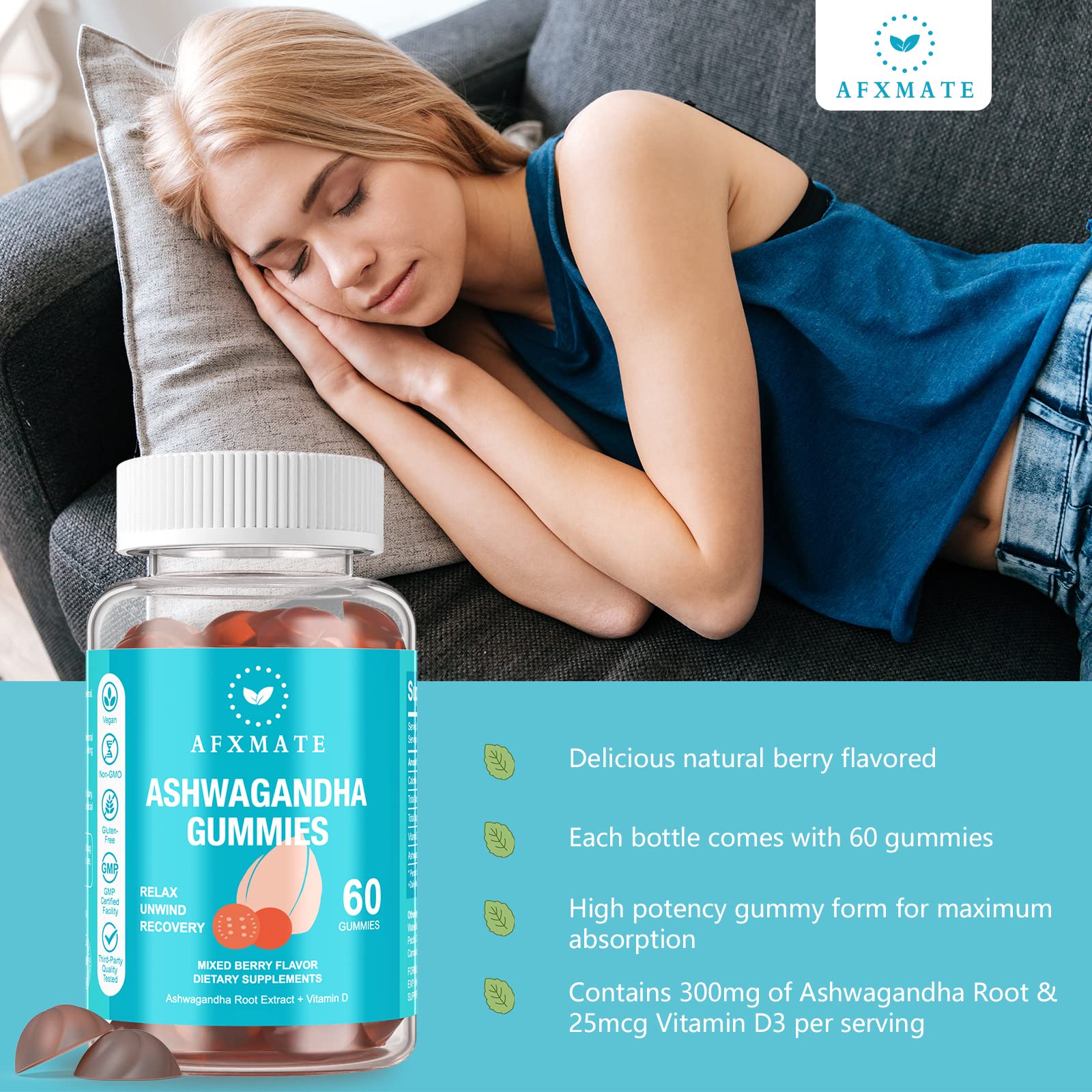 AFXMATE Ashwagandha Gummies with vitamin D icon for immune support.