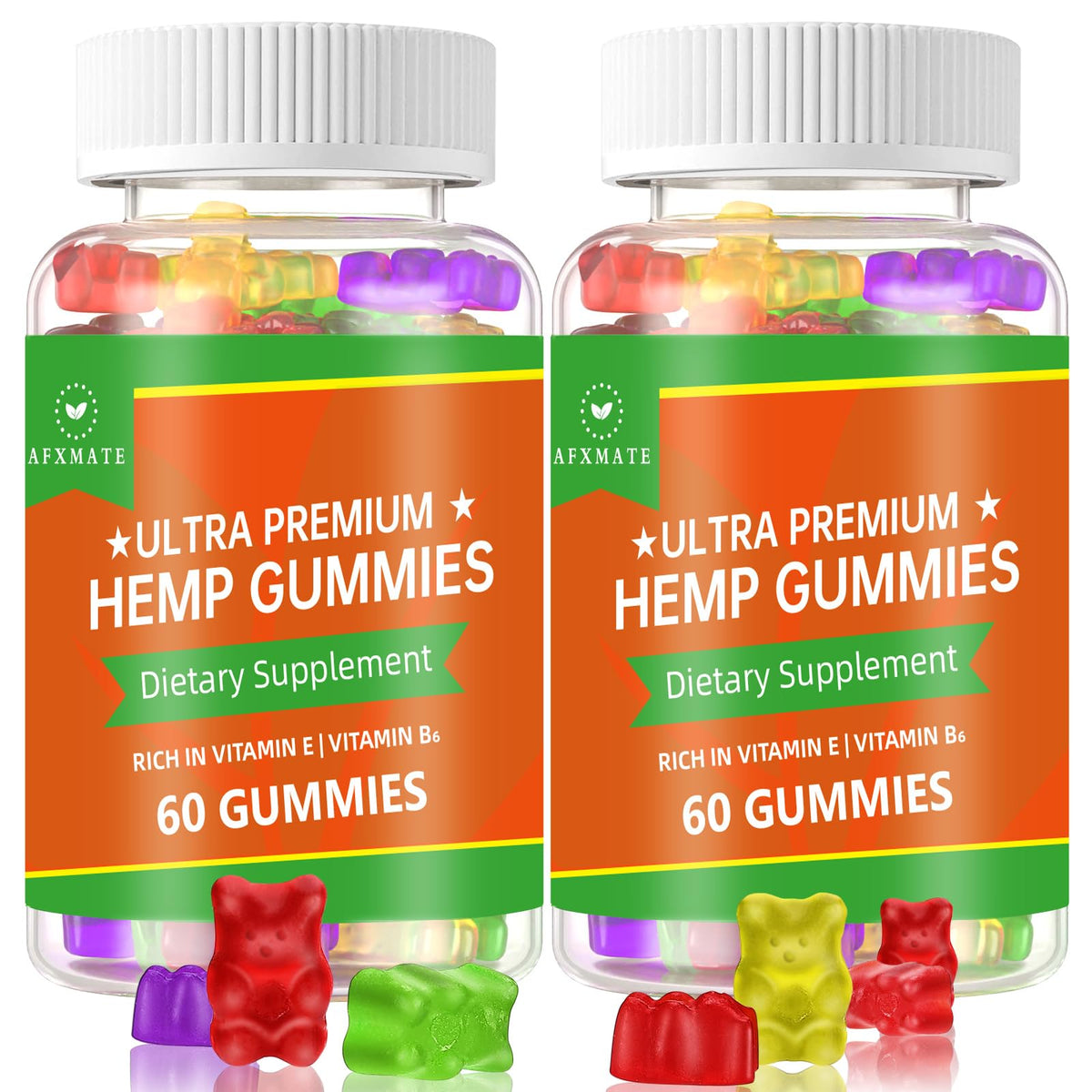 AFXMATE hemp gummies bottle-front showing fruity flavors for daily relaxation.