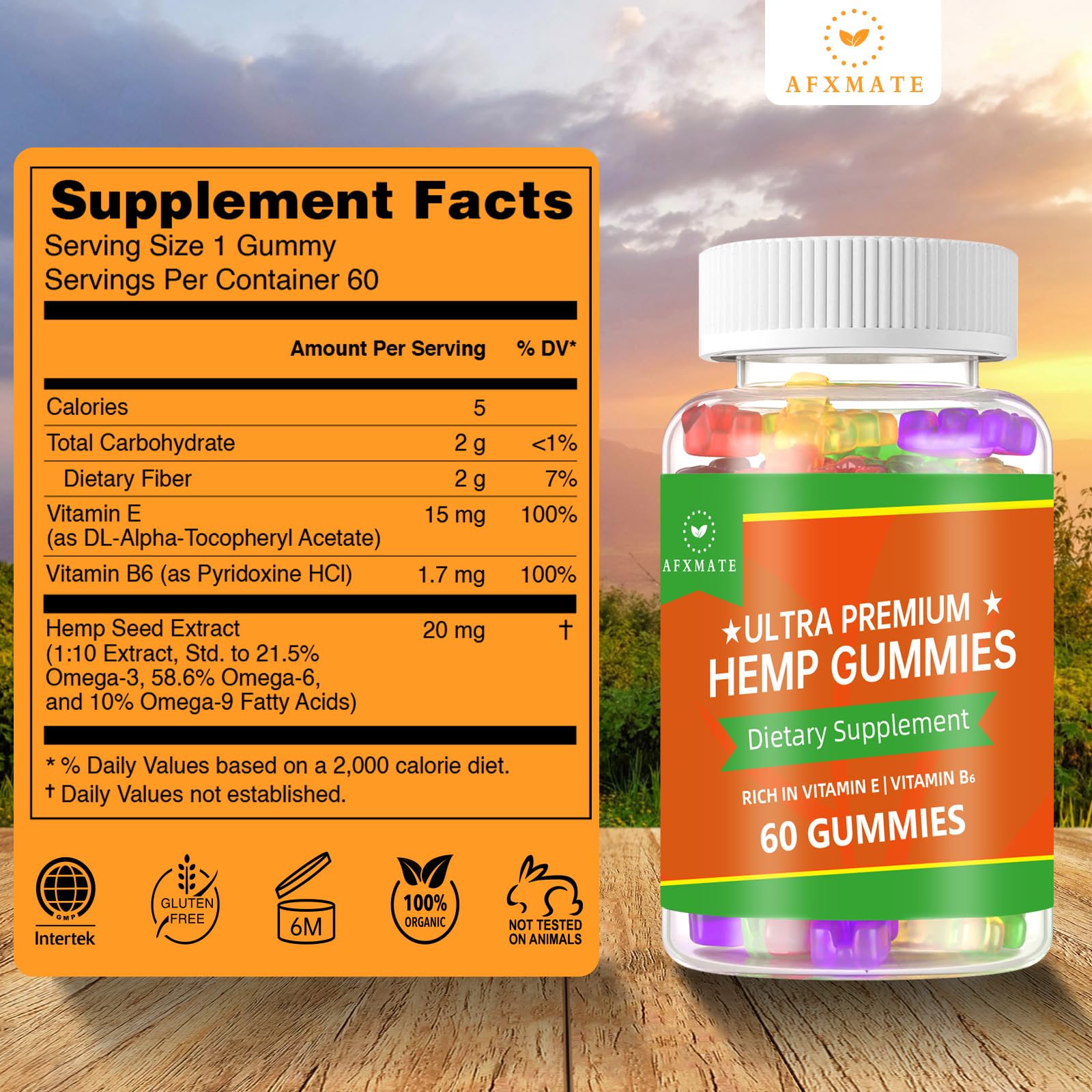 AFXMATE hemp gummies ingredients panel featuring hemp seed extract and omegas.