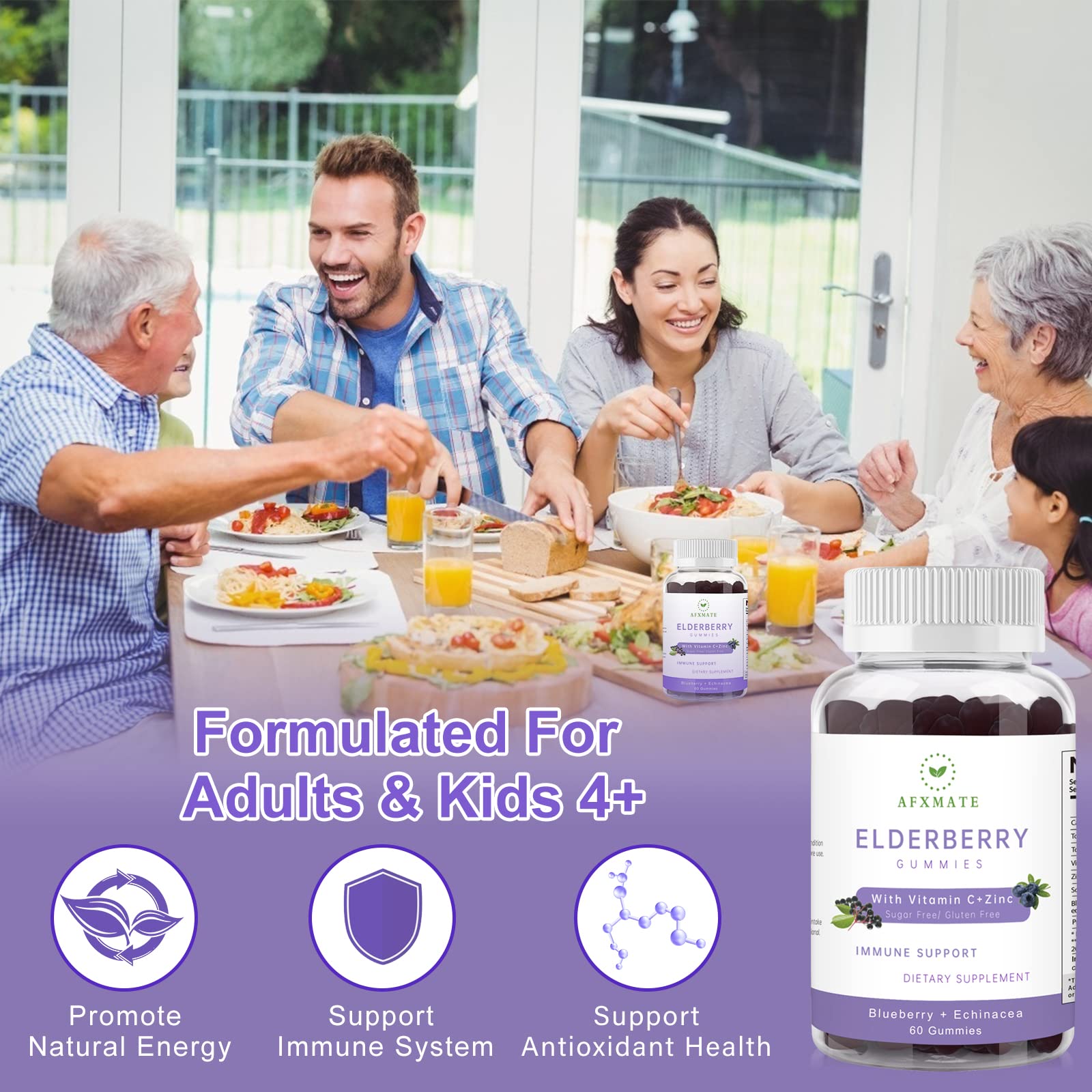AFXMATE Sambucus Elderberry Gummies 60-count bottle emphasizes value and 2-pack supply.