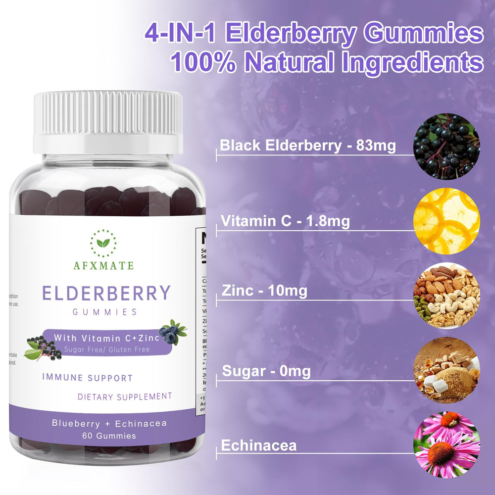 AFXMATE Sambucus Elderberry Gummies berry-flavor image suggests tasty, family-friendly supplement.