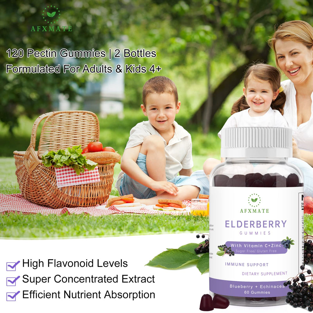 AFXMATE Sambucus Elderberry Gummies closeup highlights chewy texture and sugar-free formula.