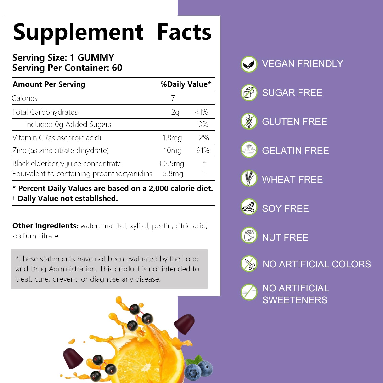 AFXMATE Sambucus Elderberry Gummies ingredient-icons illustrate zinc and vitamin C synergy.
