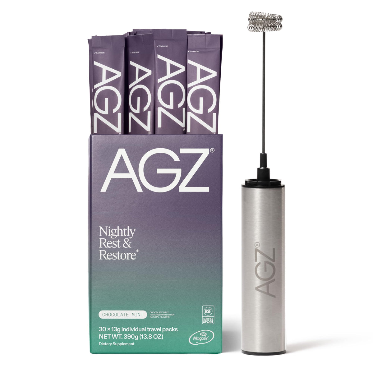AG1 AGZ Sleep Drink chocolate mint pack promotes a calming bedtime routine.