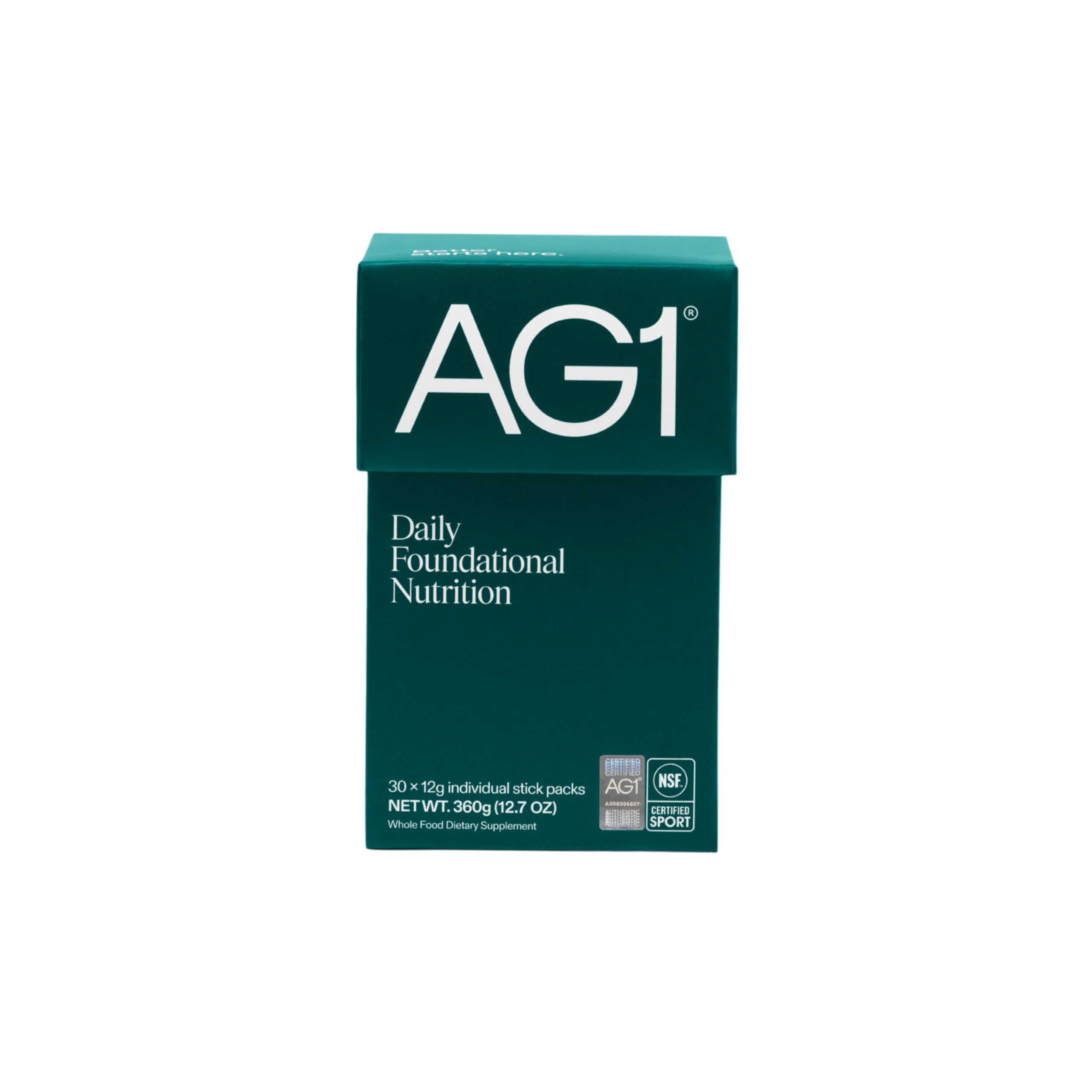 AG1 classic formula powder scoop for daily nutrition and gut support.