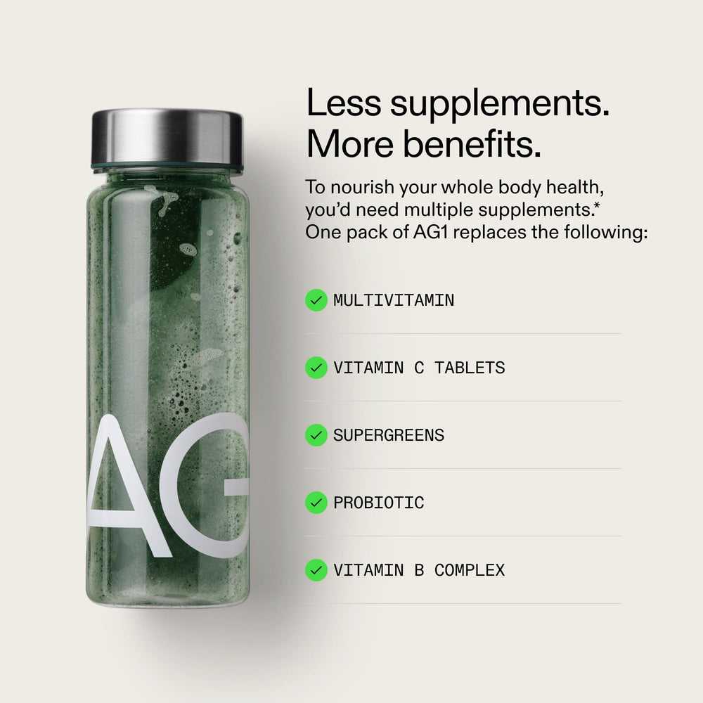 AG1 daily scoop being used for quick, complete nutrition.