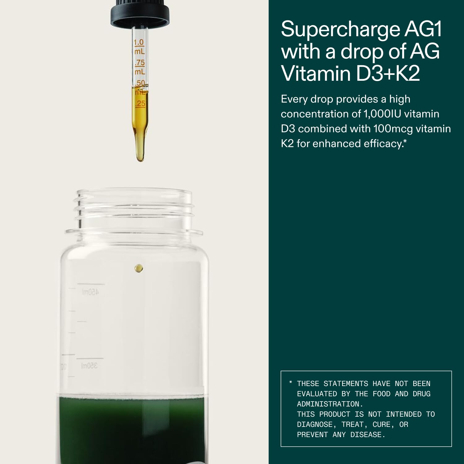 Oil-based drops enhance vitamin D3 absorption and mix into drinks.