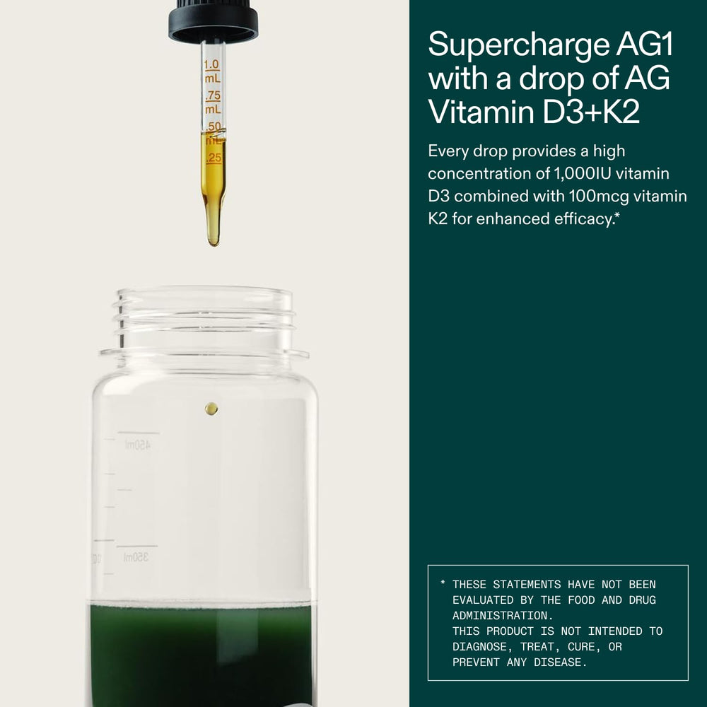 Oil-based drops enhance vitamin D3 absorption and mix into drinks.