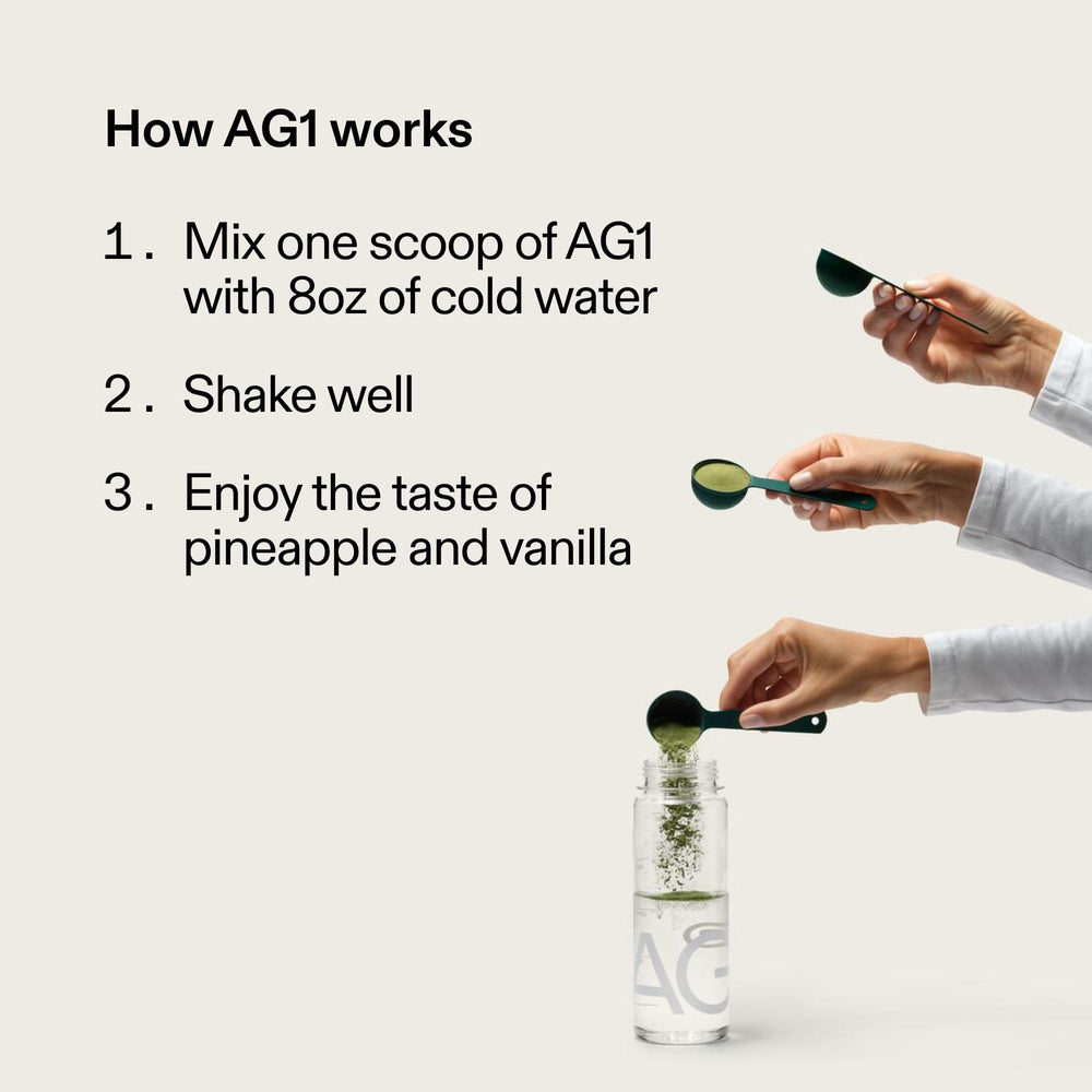 Morning smoothie with AG1 greens powder for a fresh daily boost.
