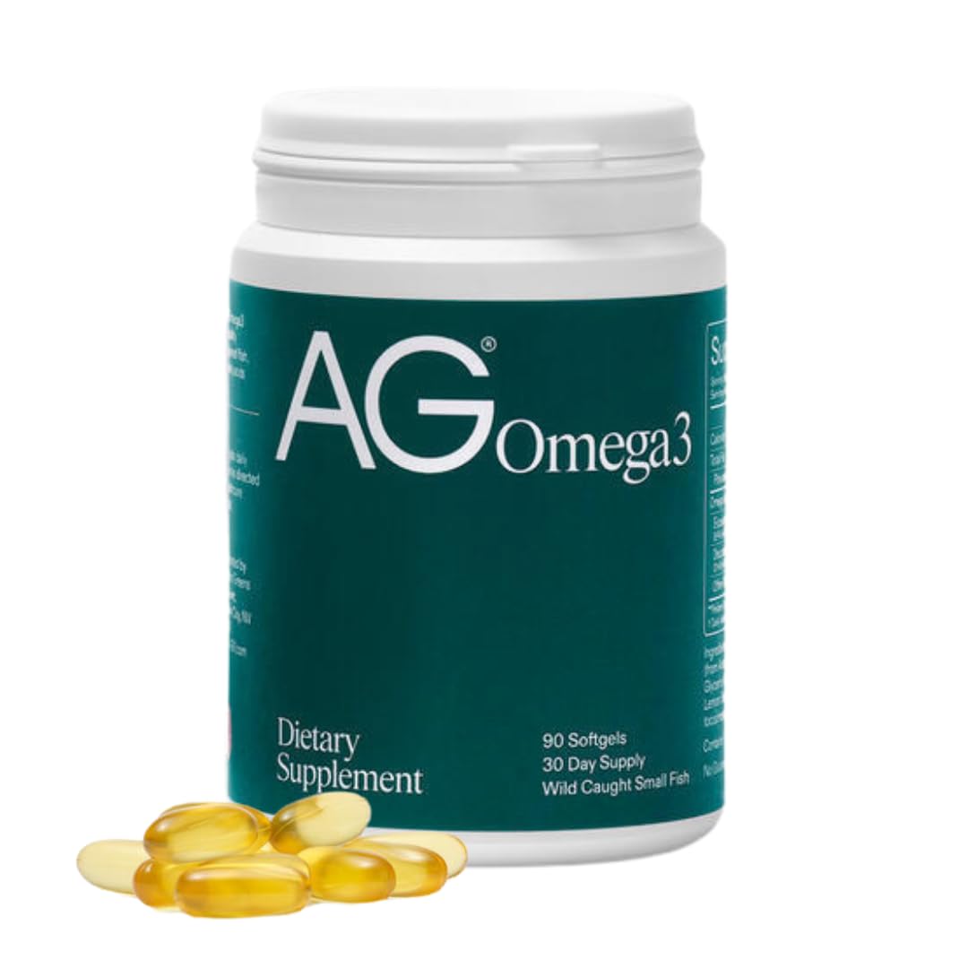 AG1 Omega3 fish oil softgels bottle shown for daily heart and brain support