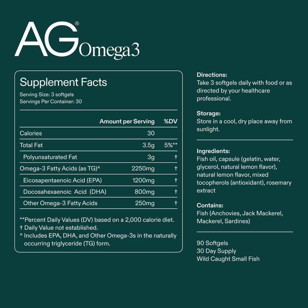 AG1 Omega3 label detail shows purity via molecular distillation