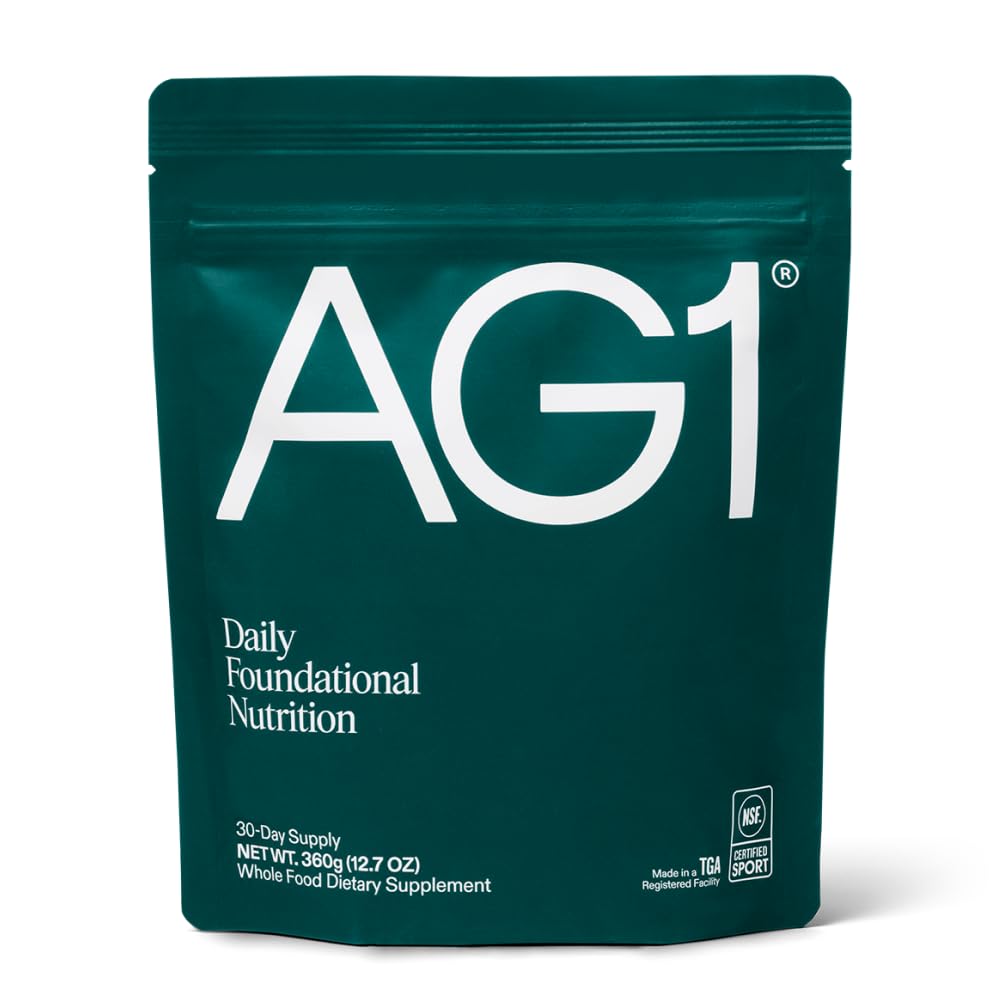 AG1 refill pouch front view showing convenient daily use for busy lifestyles.