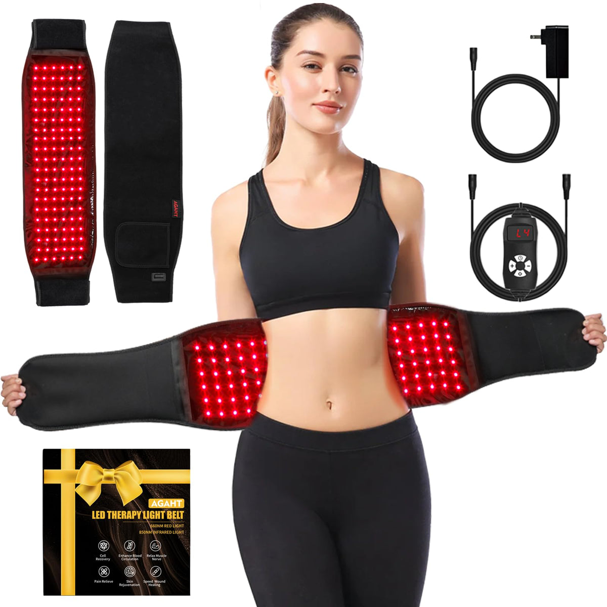 AGAHT Long Red Light Belt setup demonstrates full-body coverage for versatile use.