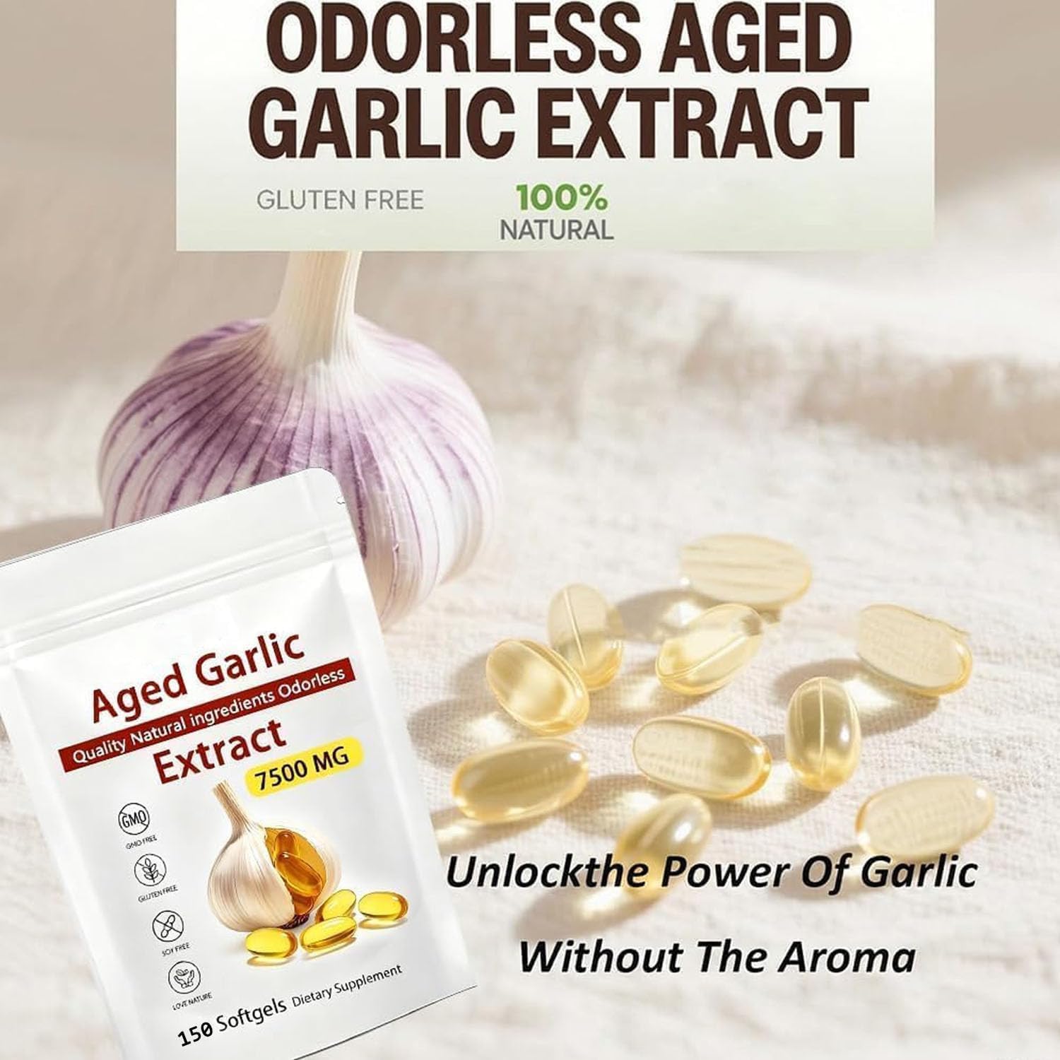 Aged Garlic Extract packaging opened with notes about aroma.