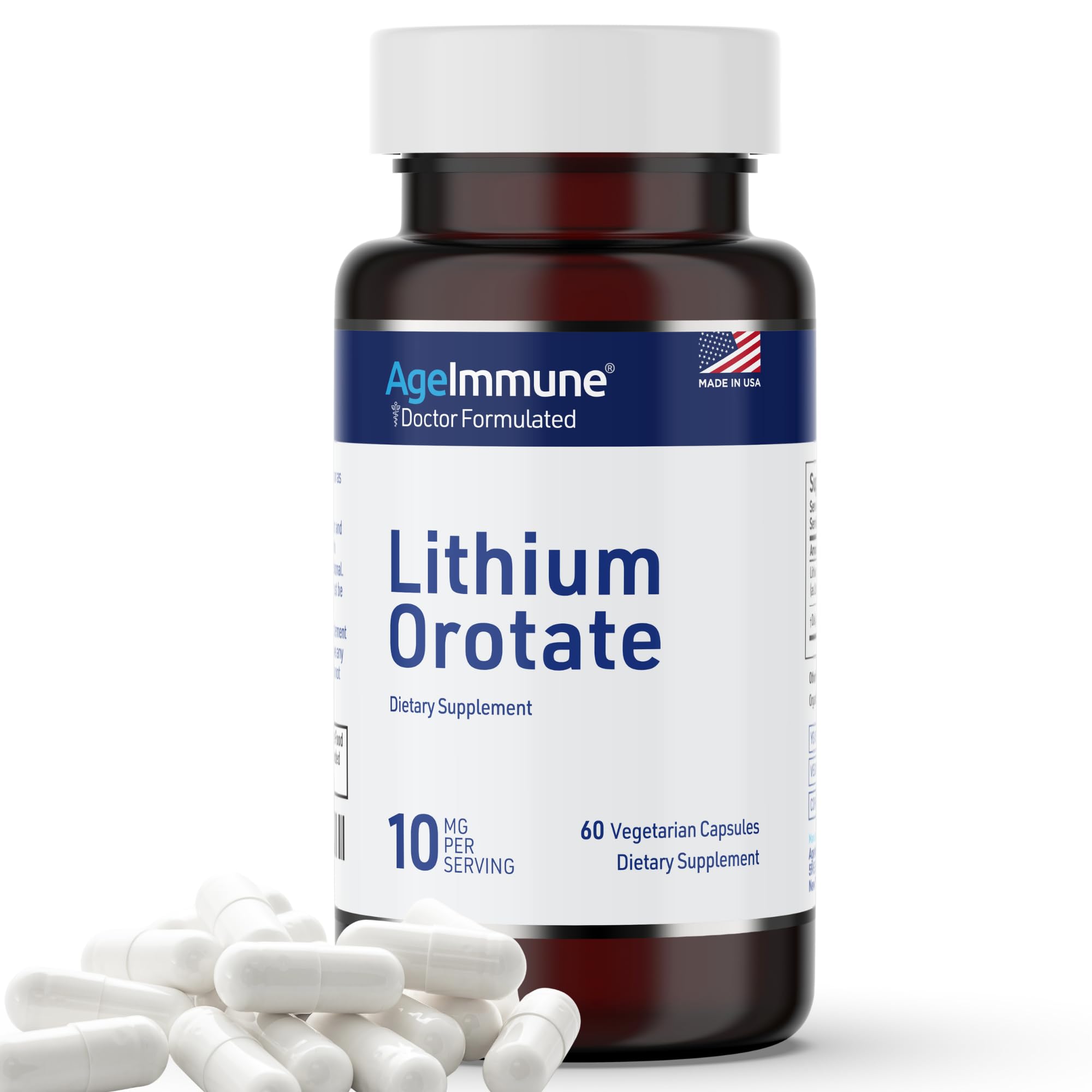 AgeImmune lithium orotate bottle on a table ready for use.