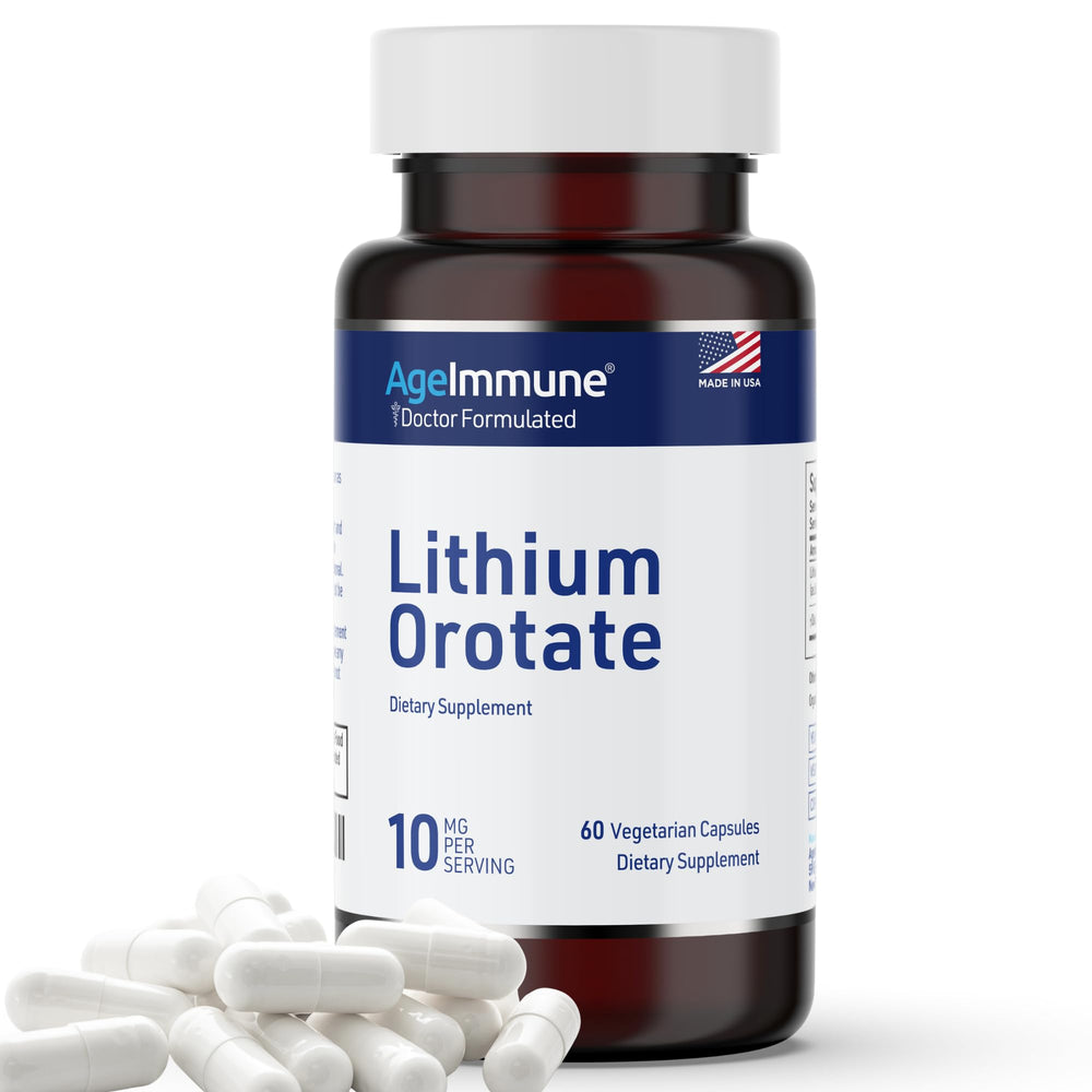 AgeImmune lithium orotate bottle on a table ready for use.