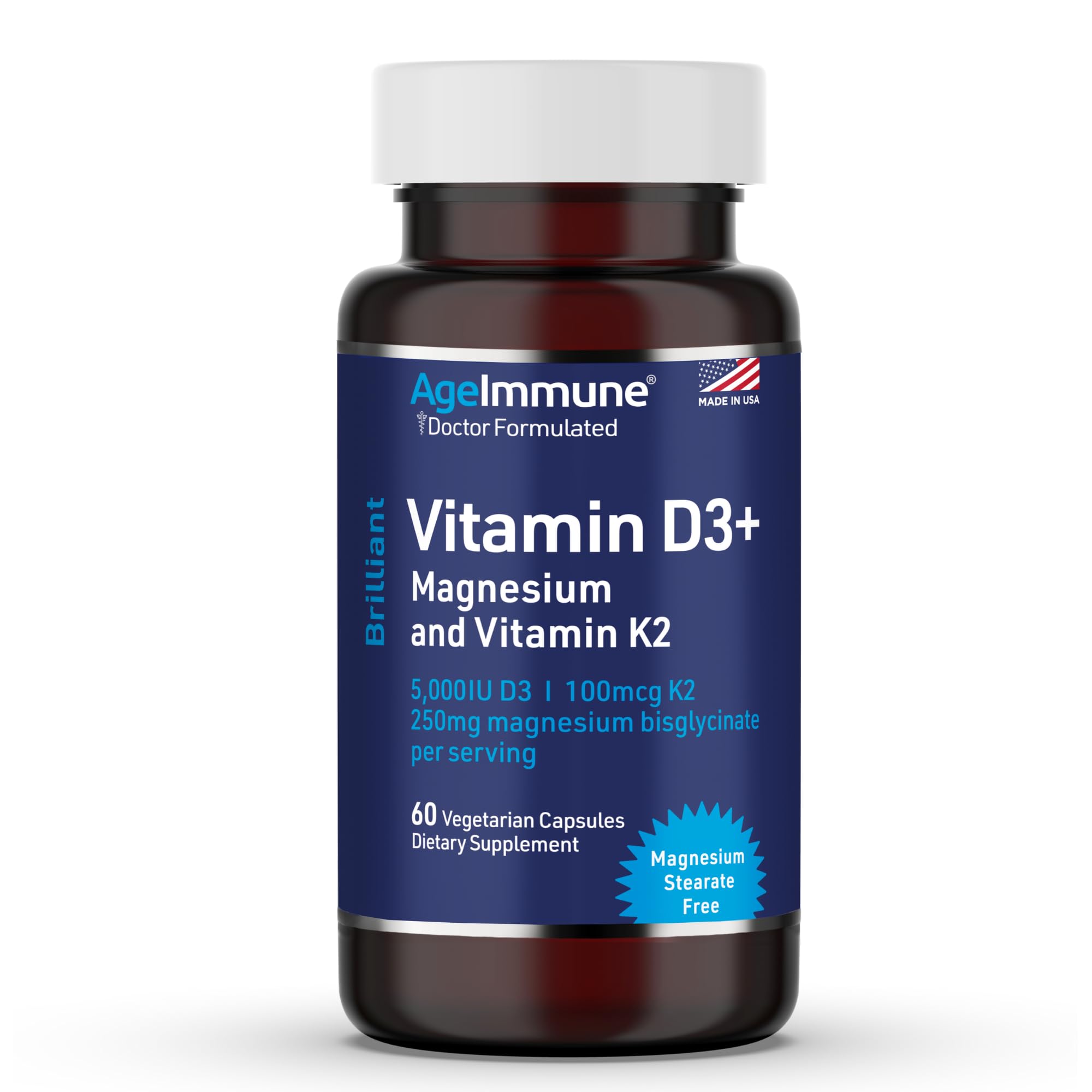 AgeImmune Brilliant D3+ bottle for daily immune and bone support.
