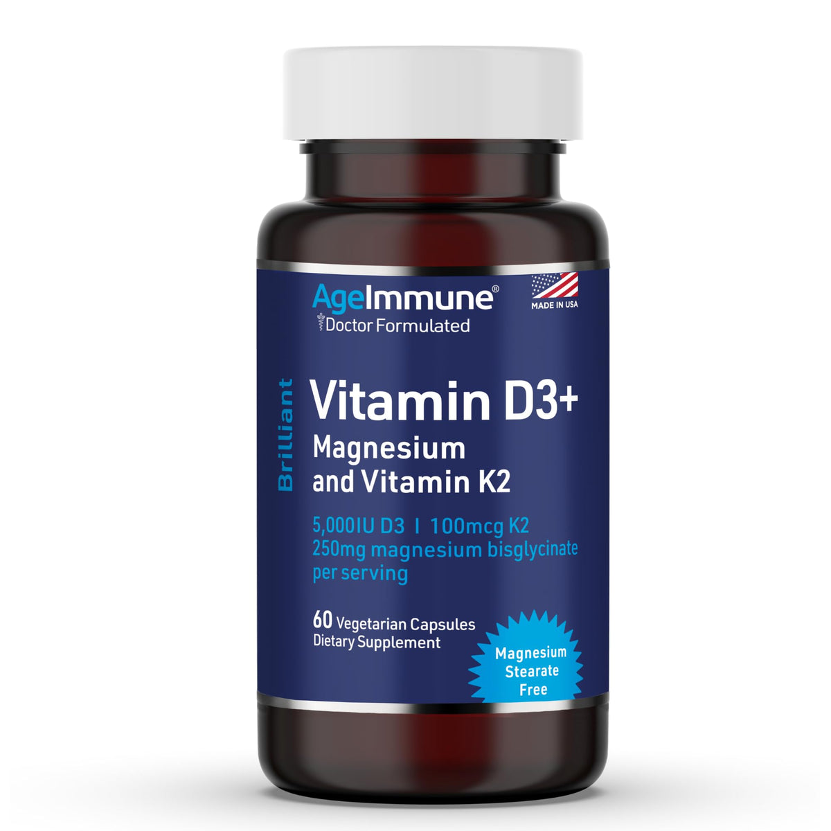 AgeImmune Brilliant D3+ bottle for daily immune and bone support.