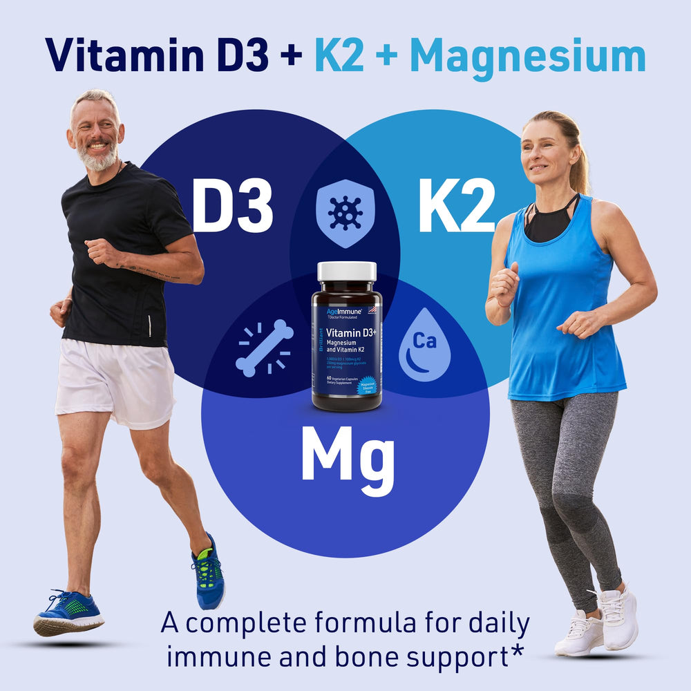 AgeImmune Brilliant D3+ no-stearates icon emphasizes clean, additive-free formula for daily use.