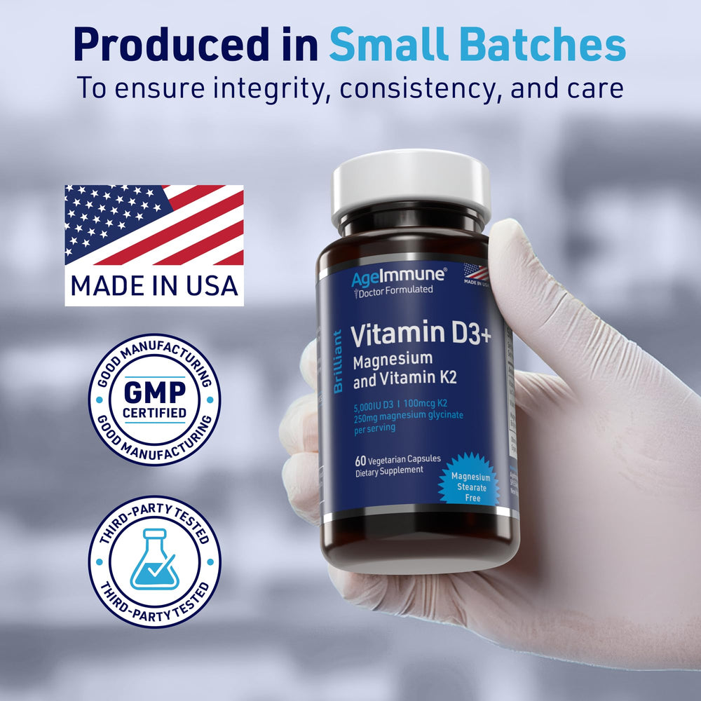 AgeImmune Brilliant D3+ magnesium glycinate focus demonstrates gentle, gut-friendly nutrition for absorption.
