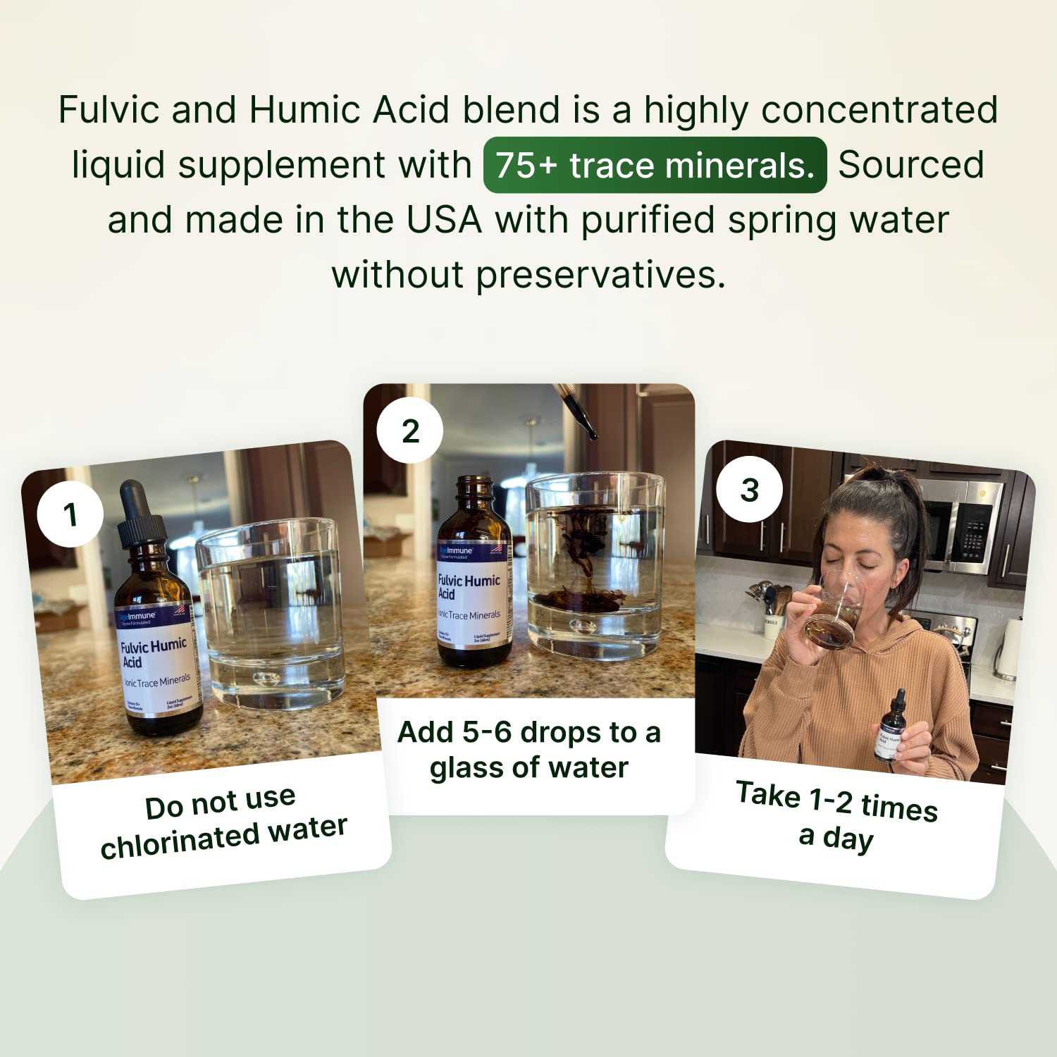AgeImmune Fulvic Humic Mineral Concentrate provides 75+ ionic minerals for daily balance.