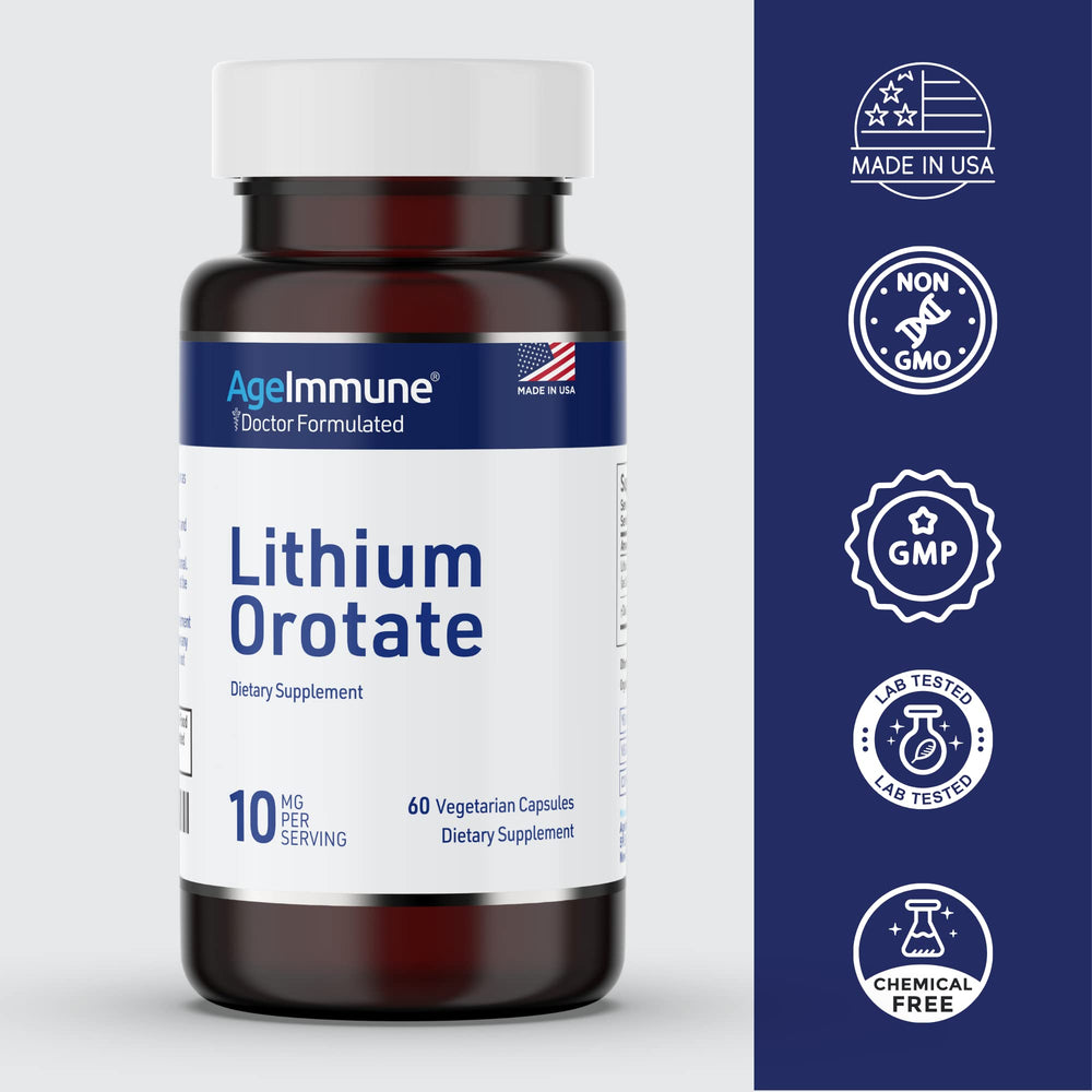 Pouring lithium orotate capsules from the bottle for daily dosing.