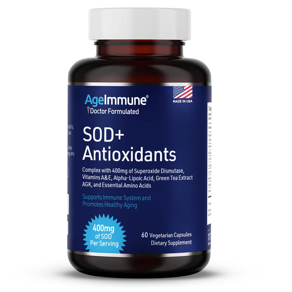 Bottle display of AgeImmune SOD Antioxidants suggesting a convenient daily routine.