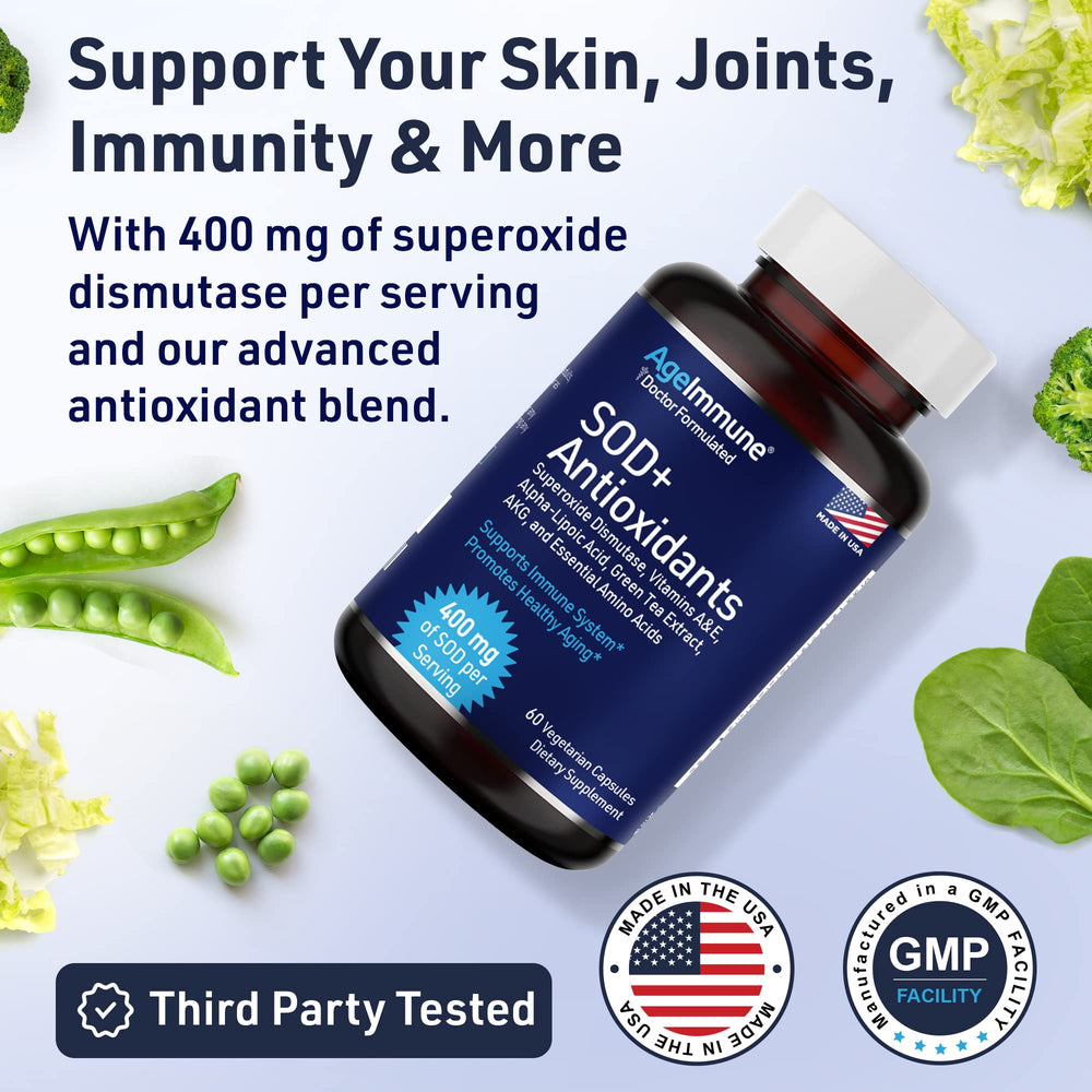 Ingredients panel of AgeImmune SOD Antioxidants, featuring SOD 400 mg and ALA.