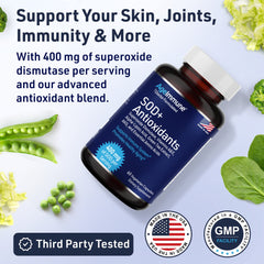 Ingredients panel of AgeImmune SOD Antioxidants, featuring SOD 400 mg and ALA.