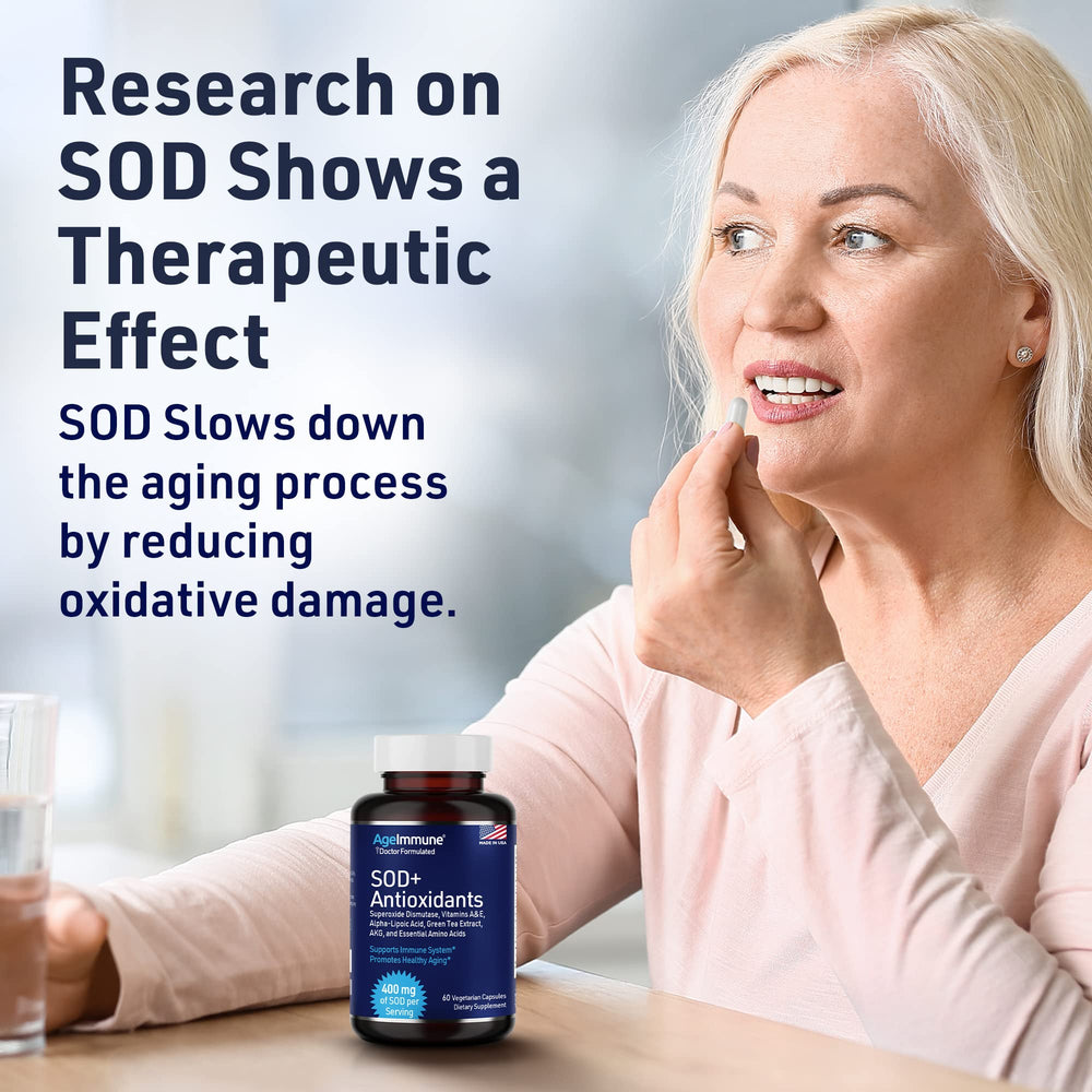 USA-made packaging for AgeImmune SOD Antioxidants, reflecting domestic manufacturing standards.