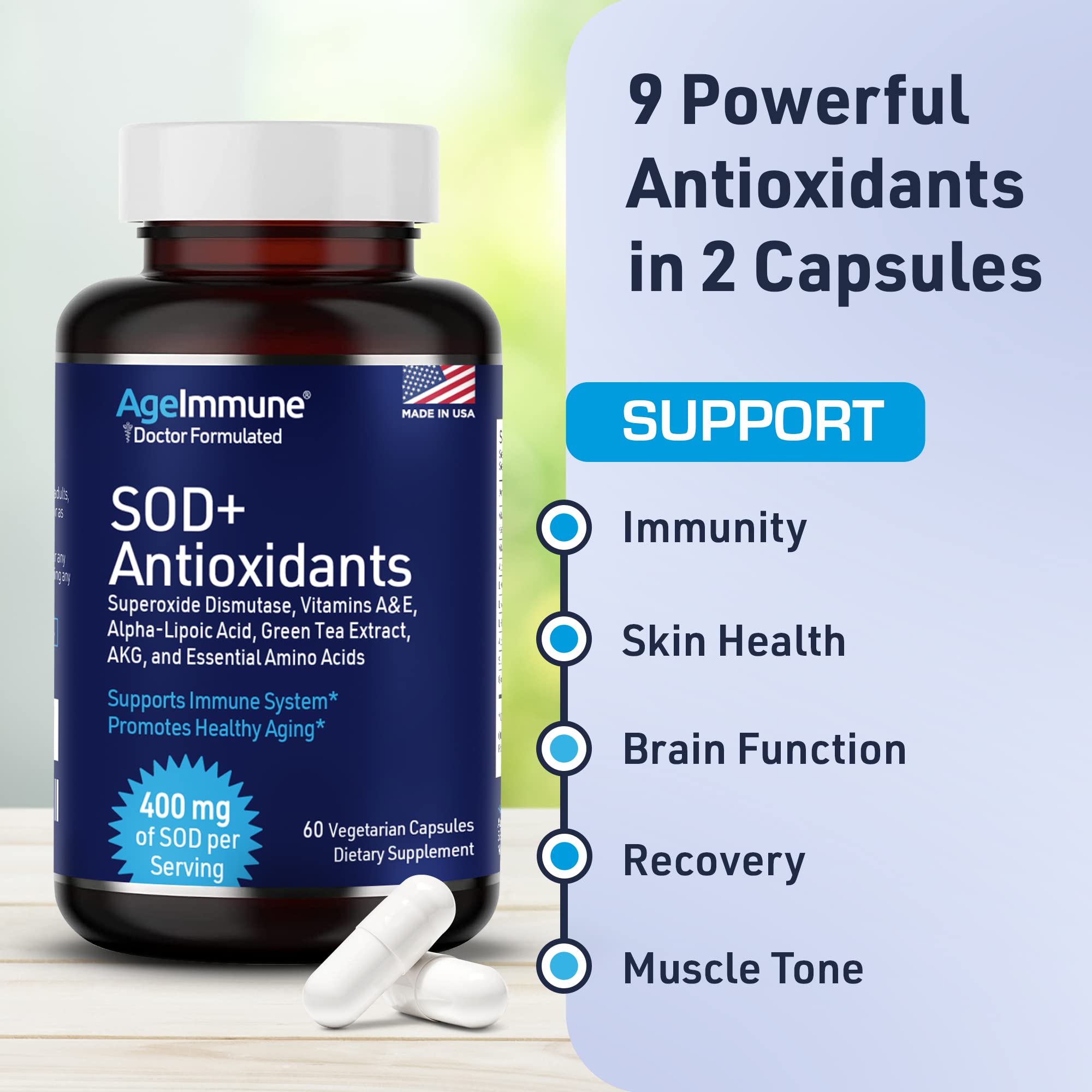 Vegan label on AgeImmune SOD Antioxidants, indicating allergen-conscious formula.