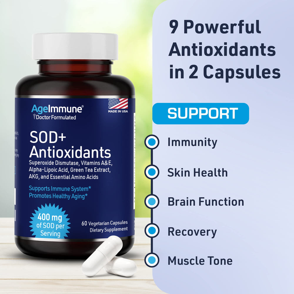 Vegan label on AgeImmune SOD Antioxidants, indicating allergen-conscious formula.