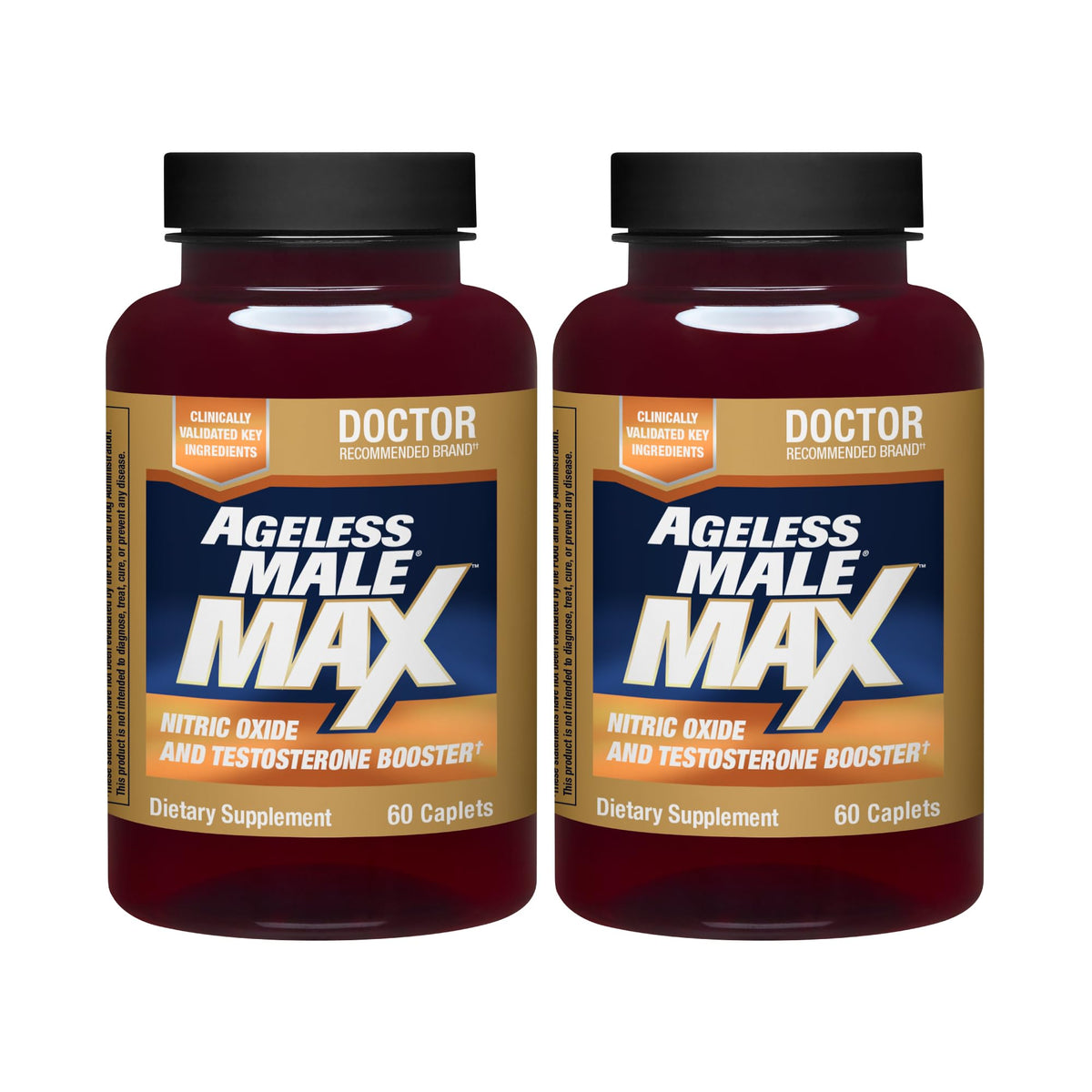 Ageless Male Max bottle close-up highlighting daily vitality support for workouts.