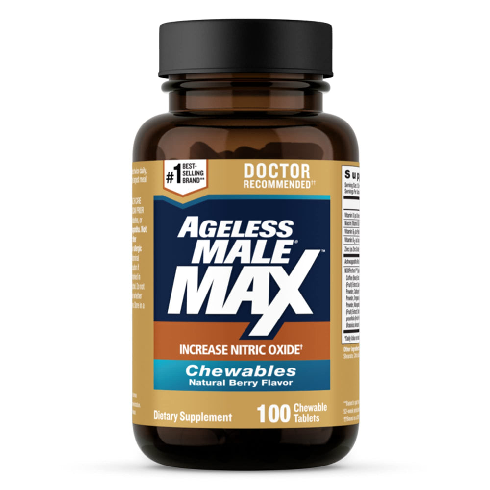 Ageless Male Max bottle front view highlighting nitric oxide support for workouts.