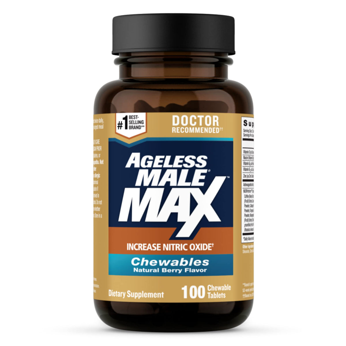 Ageless Male Max bottle front view highlighting nitric oxide support for workouts.