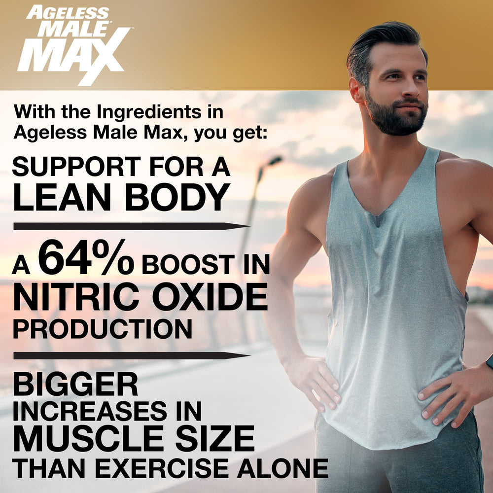 Ageless Male Max bottle side angle showing chewable tablets for daily use.