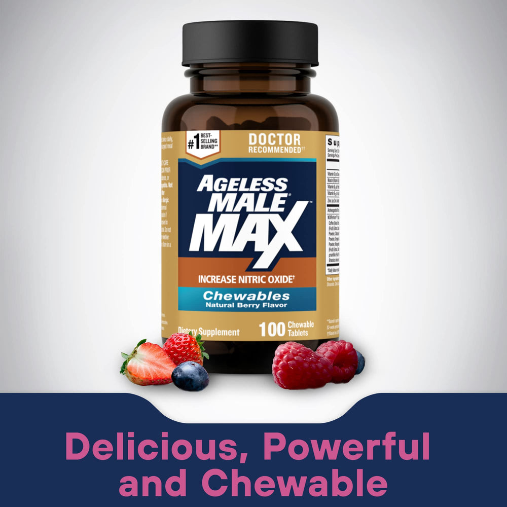 Ageless Male Max chewables close-up illustrating texture and palatable taste.