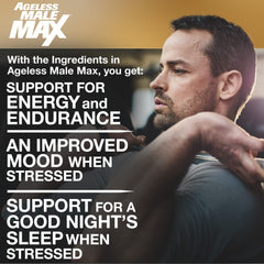 Ageless Male Max label emphasizes KSM-66 ashwagandha extract for mood and energy support.