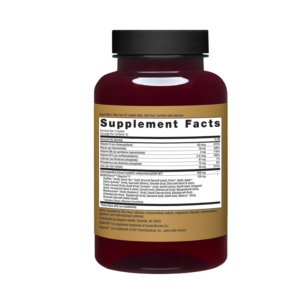 Close-up of Ageless Male Max label showing caffeine-free formulation and key ingredients.