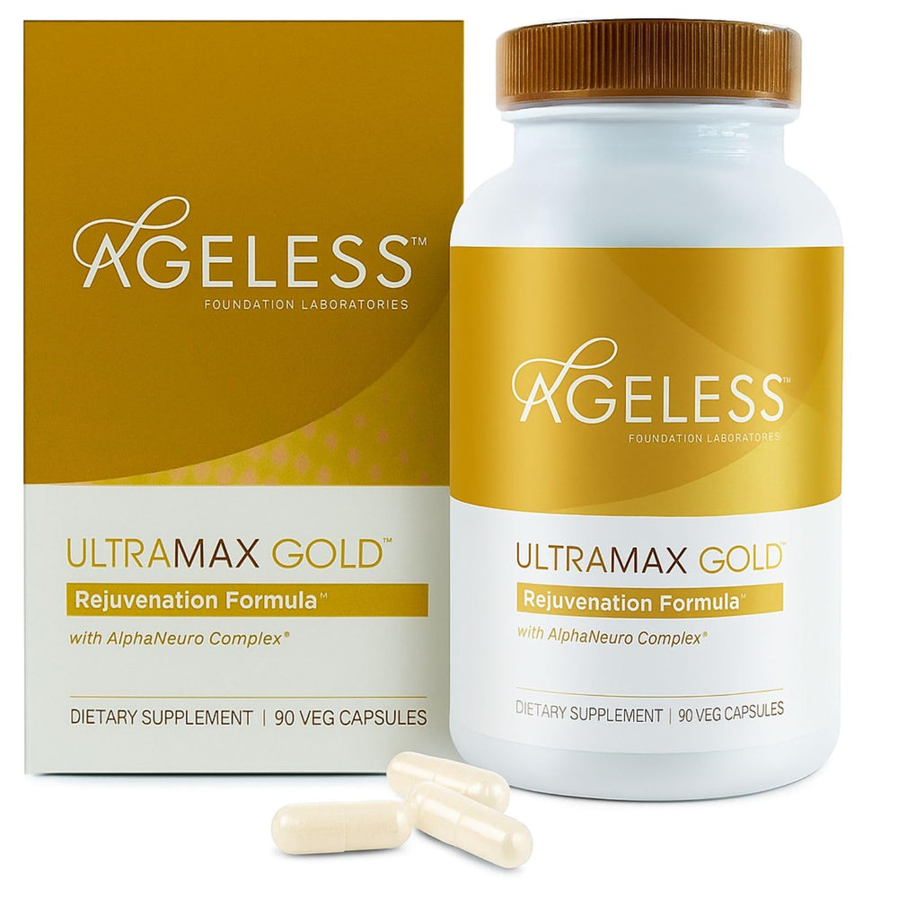 Ageless Foundation Ultramax Gold bottle for daily wellness support.
