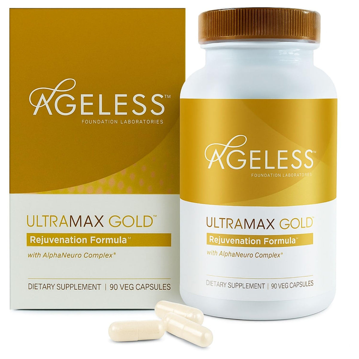 Ageless Foundation Ultramax Gold bottle for daily wellness support.