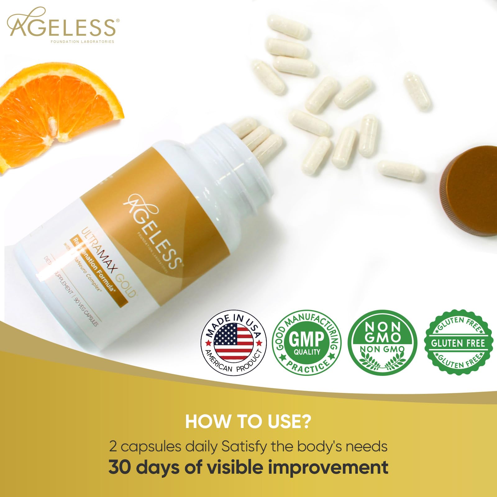 Spoon dispensing Ultramax Gold capsules for convenient daily use.