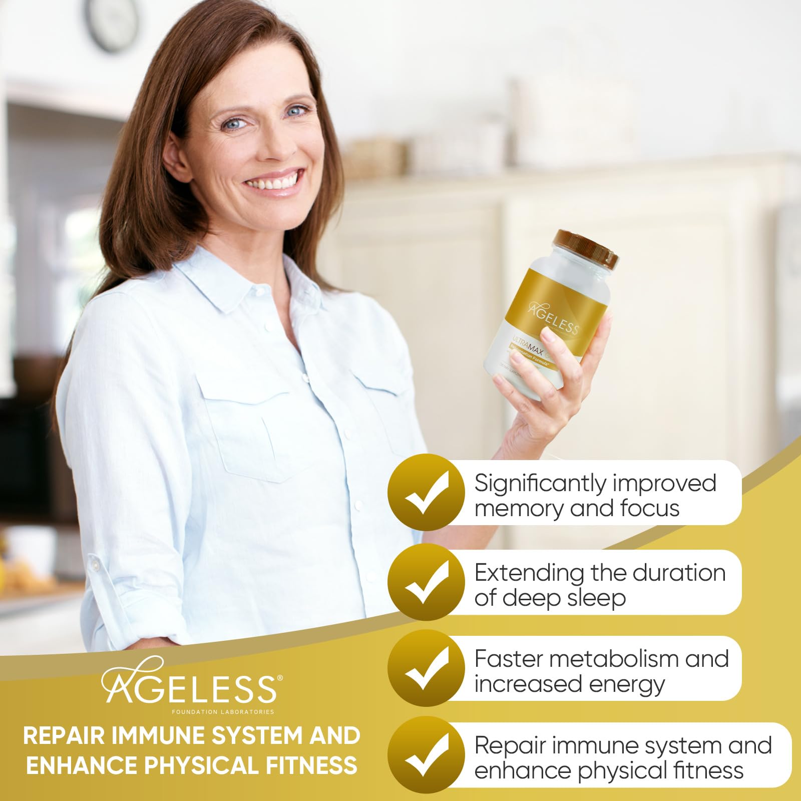 Packaging box of Ageless Foundation Ultramax Gold for a complete wellness routine.