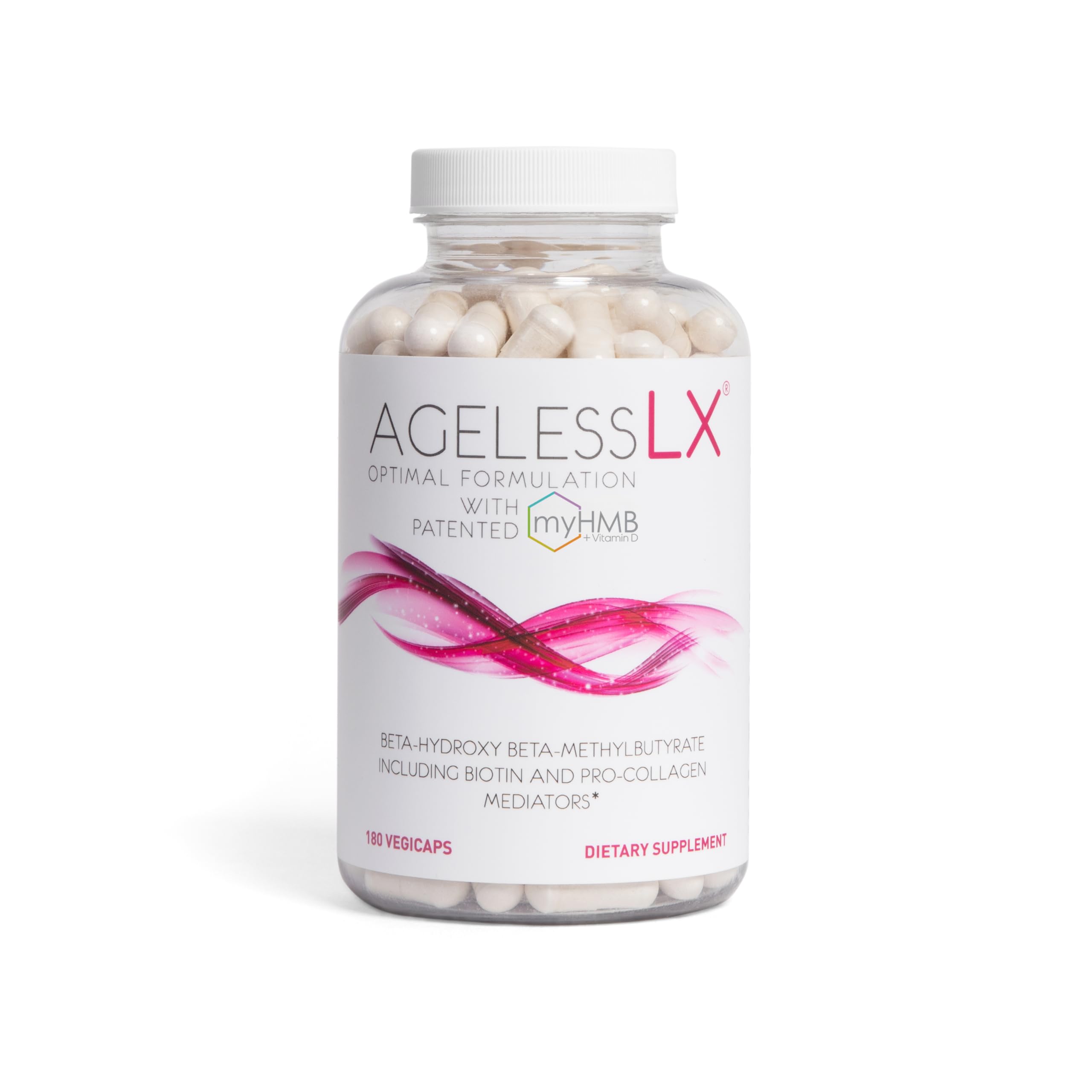 AgelessLX HMB bottle close-up promotes a convenient, skin-supporting daily routine.